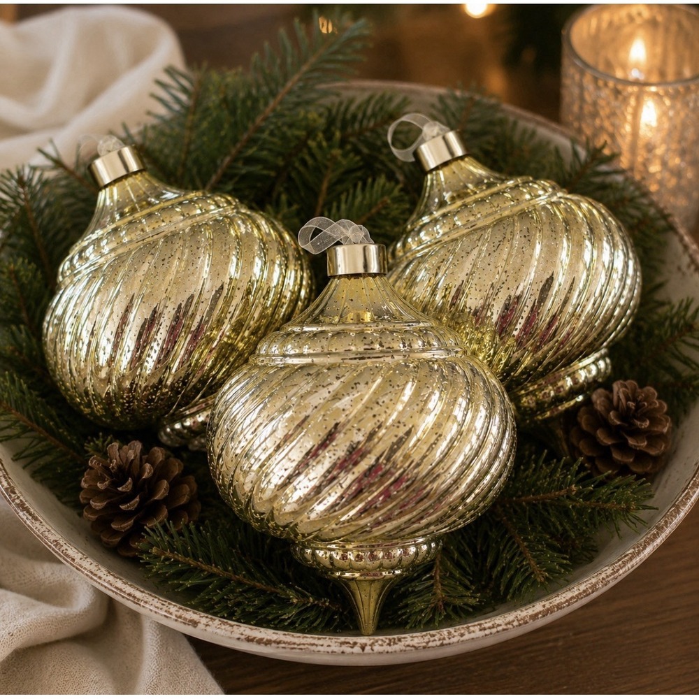 NWT Set of 3 Gold Mercury Glass Finish Shatter Resist Finial Ornaments 6" F/W